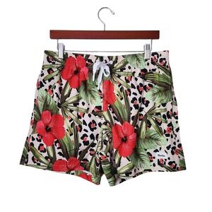 DUVIN Leo Floral Swim Trunks Tropical Leopard Hibiscus Beach L
